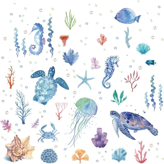 8 Sheets Sea Life Window Decals Stickers Ocean Turtle Seahorse Jellyfish Starfish Coral Summer Wall Clings Sticker PVC Self-Adhesive Peel DIY