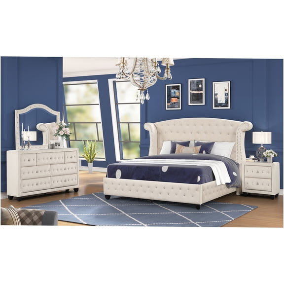 JERFIT Sophia Queen 4-Piece Bedroom Set with Crystal Tufted Headboard, Cream Upholstered Wood Bed Frame, Dresser, Mirror & Chest, Modern