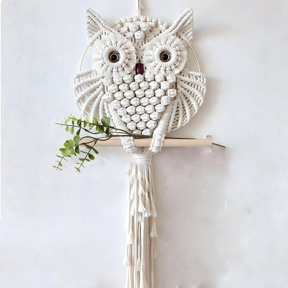 White Owl Wall Hanging Tapestry, Hand Woven Boho Decorative Owls Tapestry Wall Art for Home Living Room Bedroom Decoration