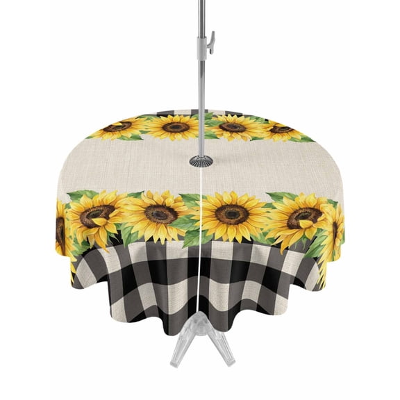 Outdoor Tablecloth with Umbrella Hole for Patio/Picnic/Party/Camping, Sunflowers Waterproof Table Cloth Round Cover Washable, Farmhouse Vintage Plaid Country Floral Plants (Dia 54")