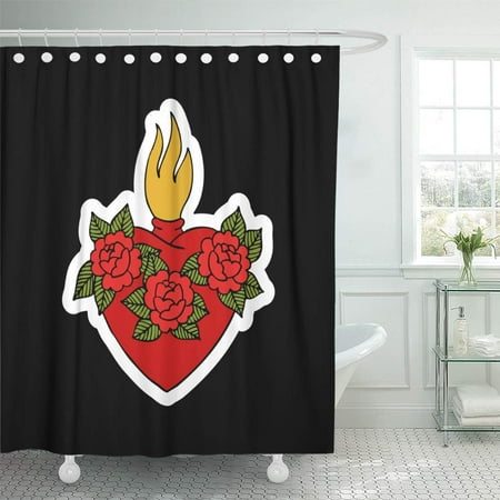 Ksadk American Sacred Heart Traditional Tattoo Flash Badge Beautiful Beauty Botanical Shower Curtain Bath 60x72 Inch