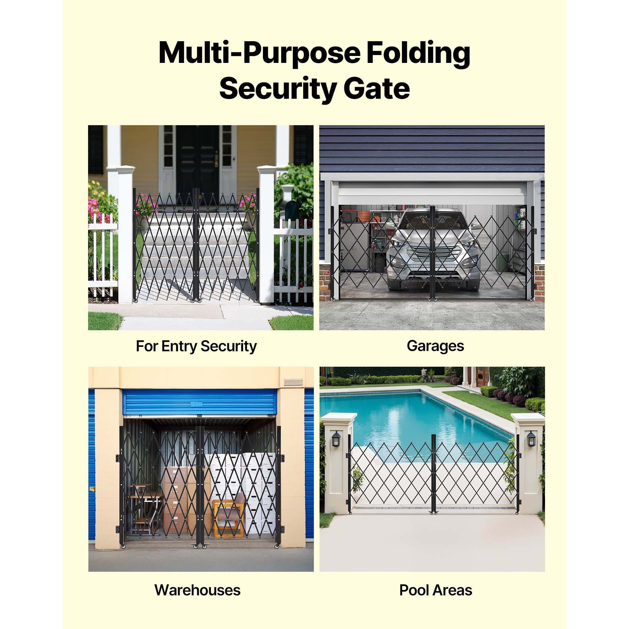 KFFKFF Double Folding Security Gate, Lockable Scissor Gate with Swivel Casters, Steel Retractable Gate for Entry, Garage, Warehouse, and Pool, 125.98 x 63.19 in (W x H)