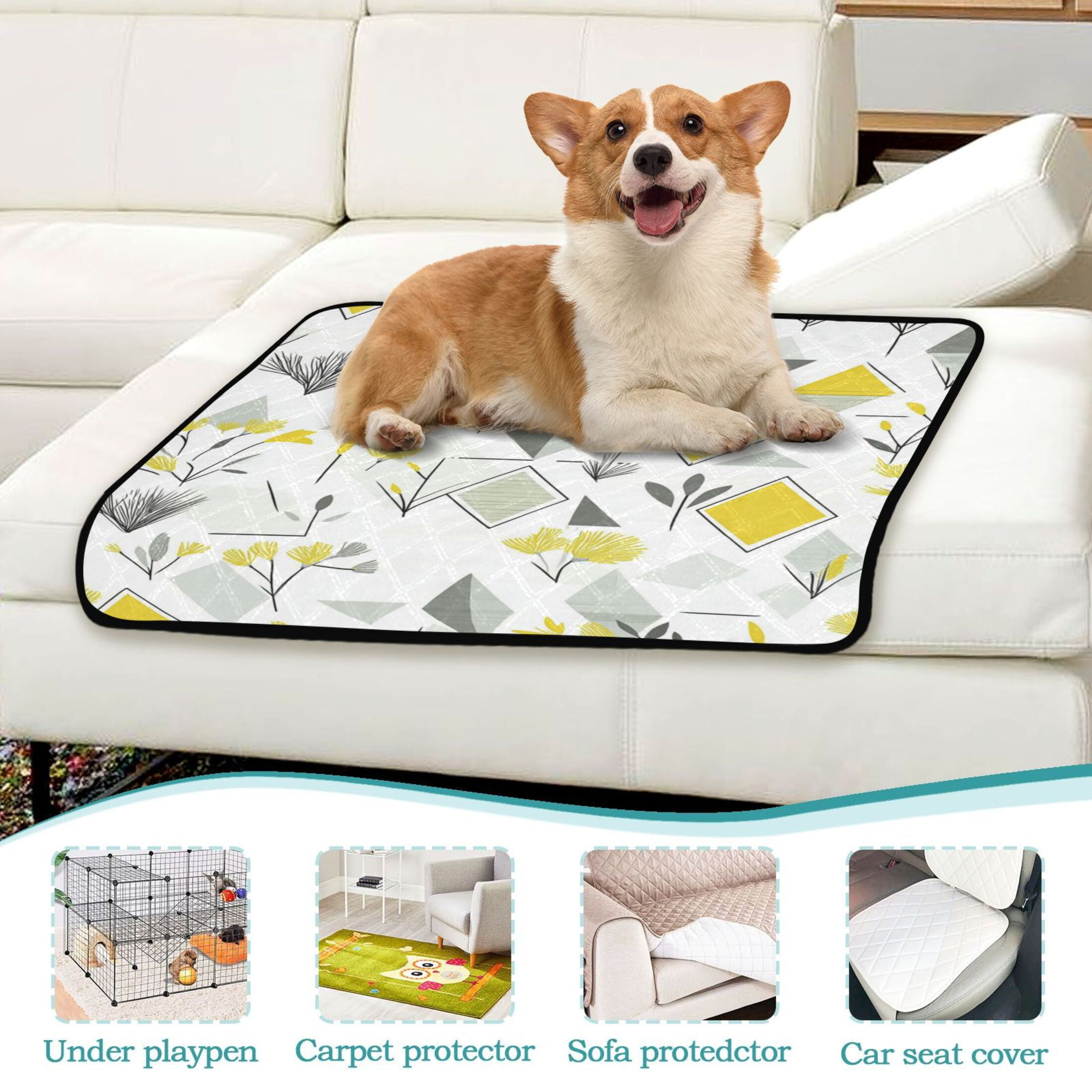 Washable Pet Pee Pads with Super Absorbent Reusable Training Pads for Dogs & Cats Yellow and Gray Geometric