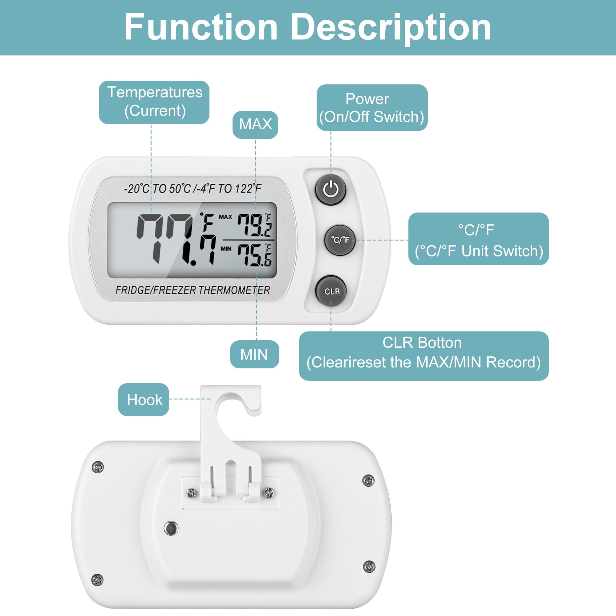 AMIR Fridge Thermometer Digital, Newest Refrigerator Thermometer 2 Pack,  Mini Freezer Thermometer with Hook, LCD Display, ℃/℉ Switch + Max/Min  Record