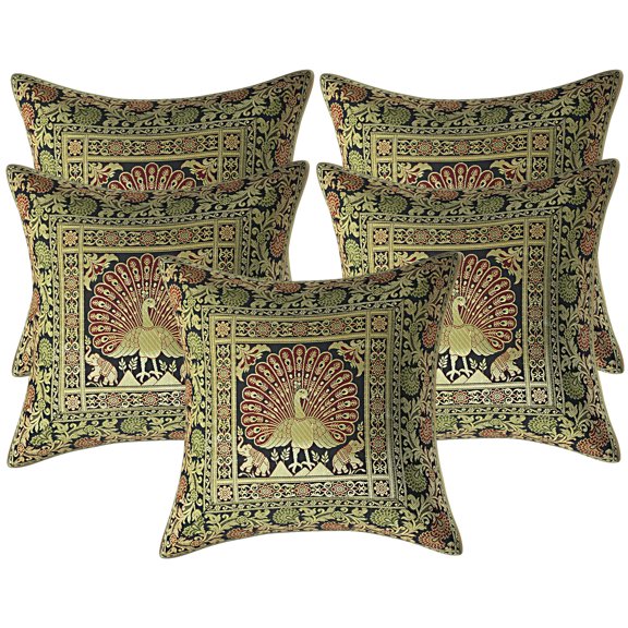 Stylo Culture Ethnic Bohemian Brocade Black And Gold Throw Pillow Covers 16x16 Jacquard Weave Banarsi Decorative Throw Pillow Covers Dancing Peacock Floral 40x40 cm Cushion Covers (Set Of 5)