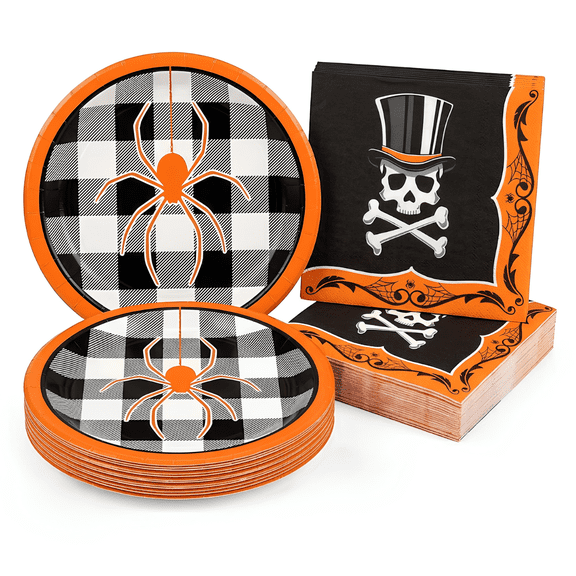 Halloween Dessert Plates and Lunch Napkins Set, Spider Paper Plates and Top Hat Terror Napkins, Disposable Spooky Halloween Party Supplies for 8 Guests, 24 Pieces