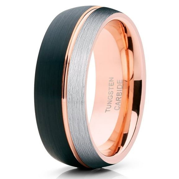 Rose Gold Tungsten Wedding Ring Anniversary Ring Men & Women 8mm Black Tungsten Ring Comfort Fit Ring Brush