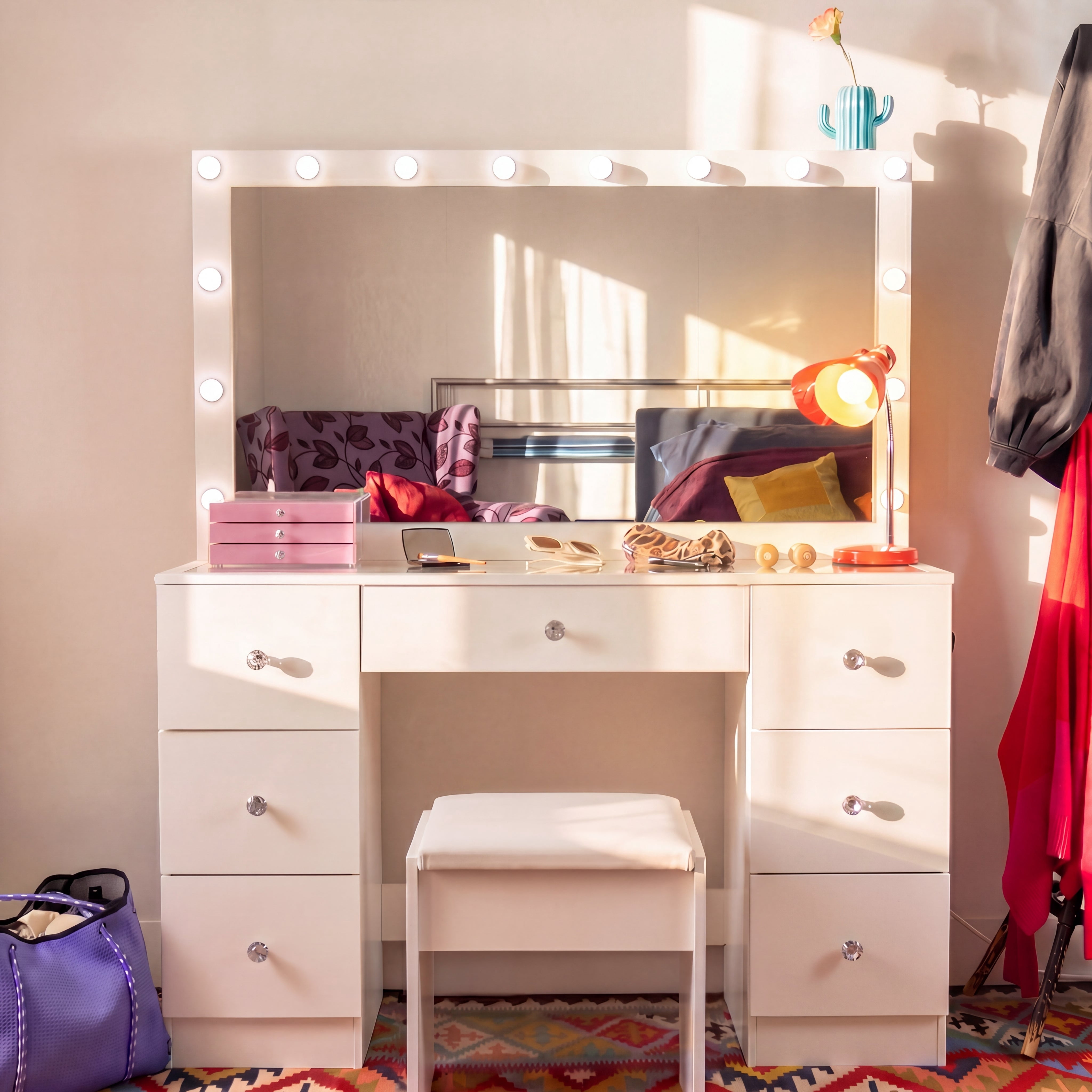 Ember Interiors Chantal White Makeup Vanity Set, 13-Bulb Mirror, USB/Outlet