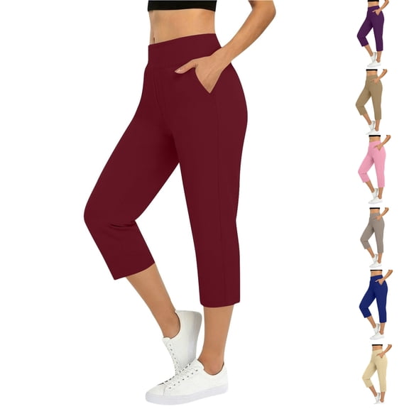 WPPGONE Womens Golf Capri Pants with Pockets Tummy Control Straight Leg Stretchy Elastic Waisted Bottoms Work Travel Dress Casual Trousers