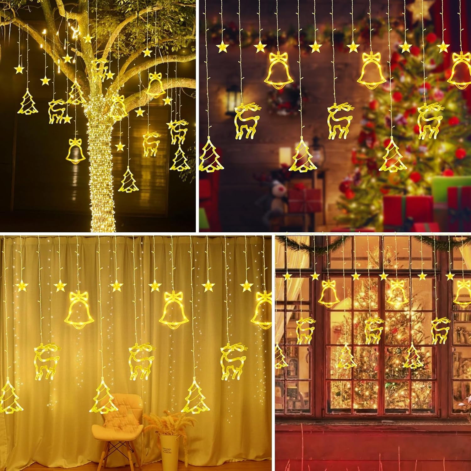 Qoosea 120 LEDs Christmas Curtain Lights Strings, 11.8ft Christmas Reindeer Decor Xmas Tree Star Christmas Window Lights with 8 Modes for Window Wall Diwali Light Decorations