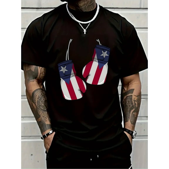 MADE IN US 1pc, 100% cotton, Puerto Rico, Cool and Dominant Boxing Gloves, Gift for Boxing Enthusiasts, Exquisite Printed T-shirt, Outdoor Sports, Men'S Short Sleeve Printed T-shirt,