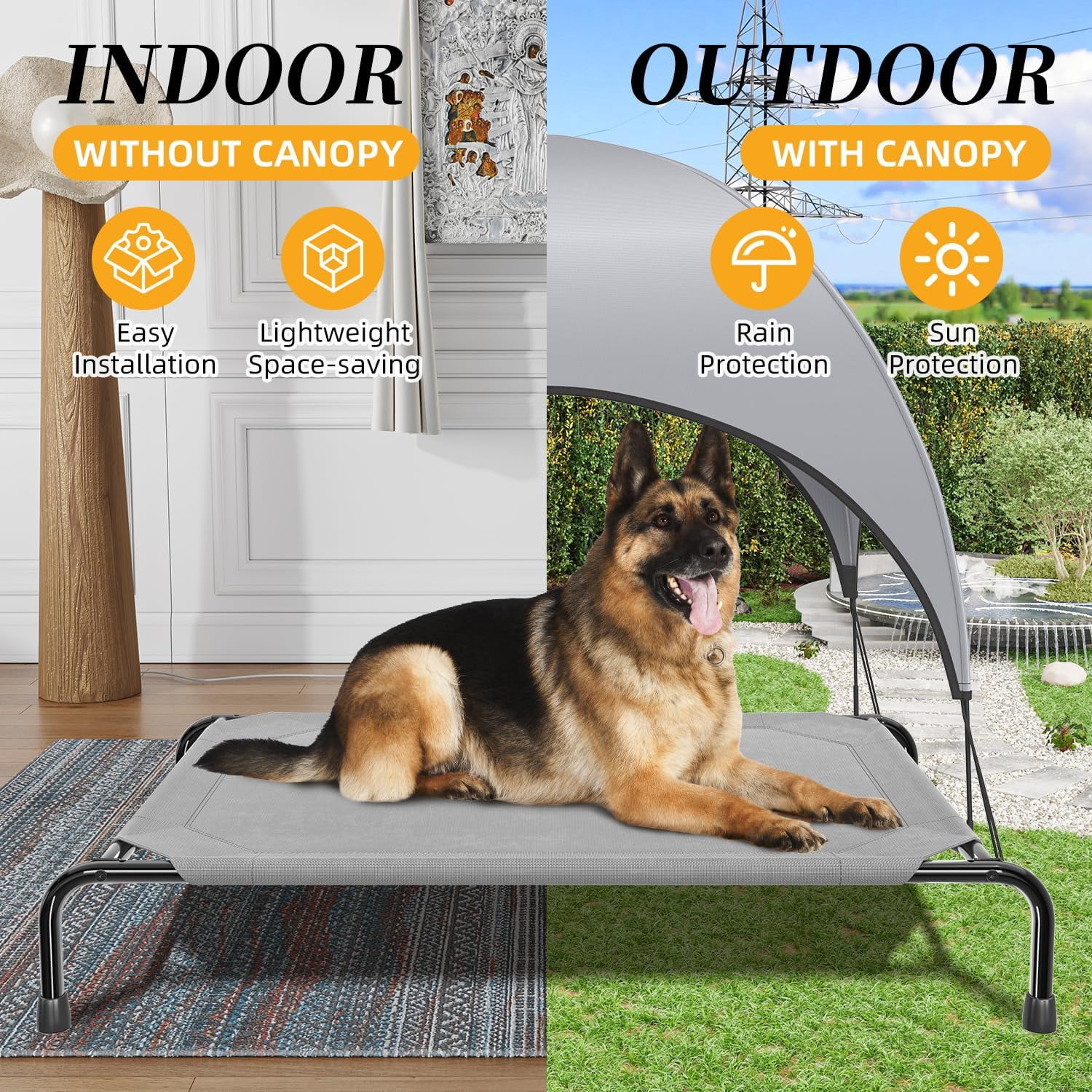 General Raised Dog Bed for Large Dogs with Canopy, Waterproof Elevated Dog Bed, Breathable Big Pet Cot, Grey