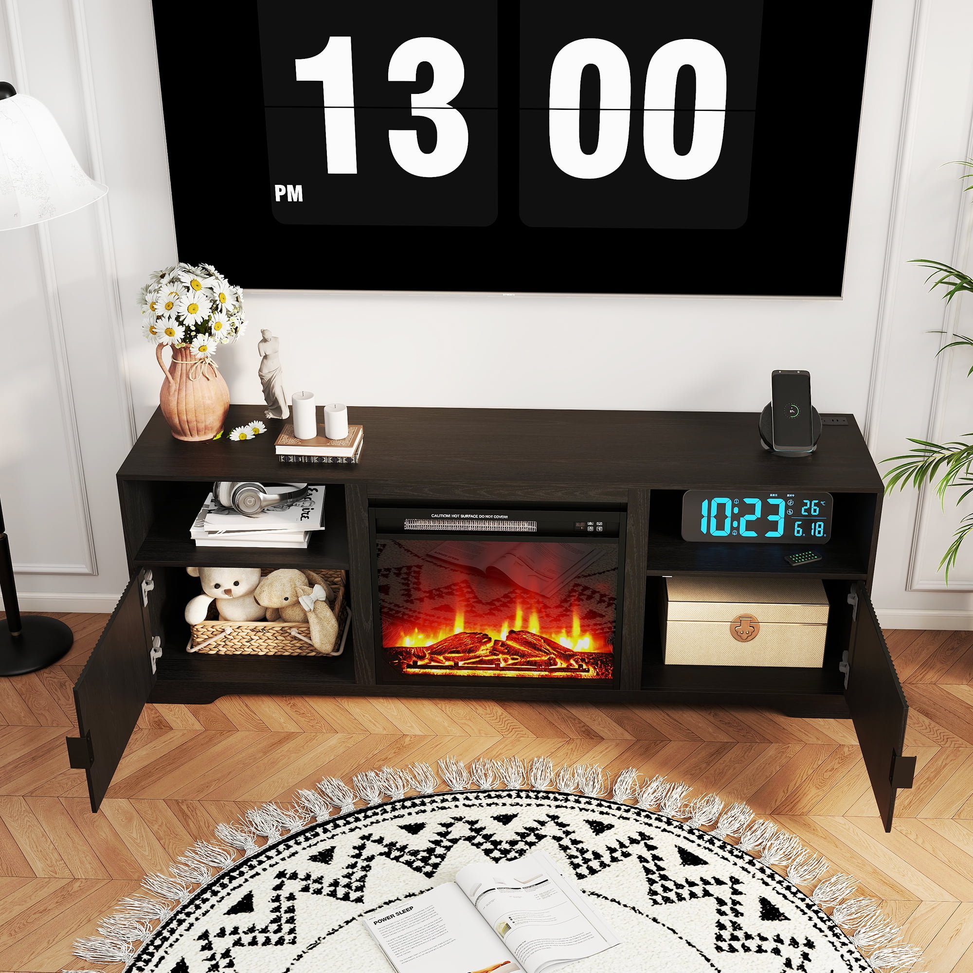 LUCKYELF Fireplace TV Stand, Entertainment Center for TVs up to 80", Wood Media Console for Living Room, Bedroom, Black