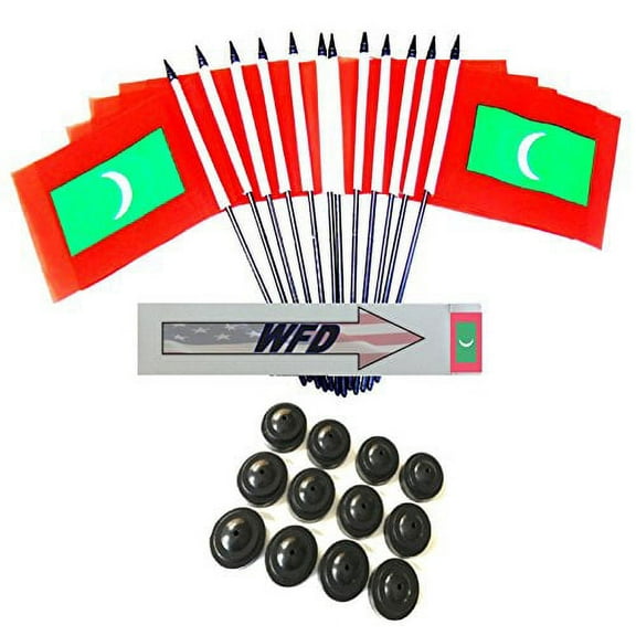 Pack of 12 4"x6" Maldives Polyester Miniature Office Desk & Little Table Flags, 1 Dozen 4"x 6" Maldives Small Mini Handheld Waving Stick Flags with 12 Flag Bases (Flags with Stands)