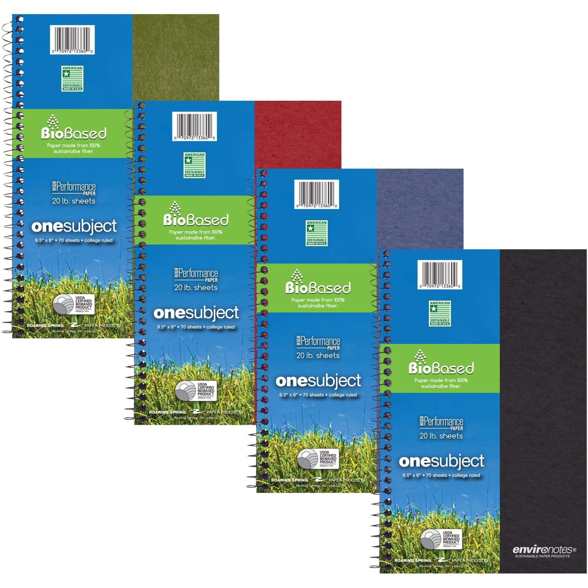 Roaring Spring Environotes College Ruled 1 Subject Recycled Spiral Notebook, 1 Case (24 Total), 9.5" x 6" 70 Sheets, Assorted Earthtone Covers