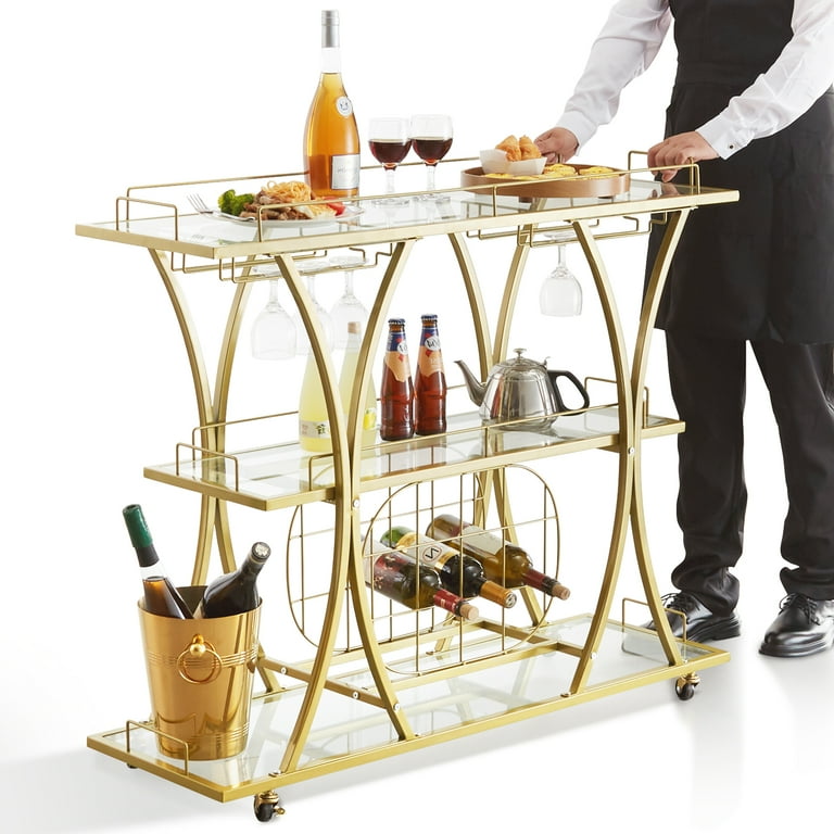 3 Tier Kitchen Gold Bar Cart Home Bar Serving Cart with Wine Rack Glasses  Holder