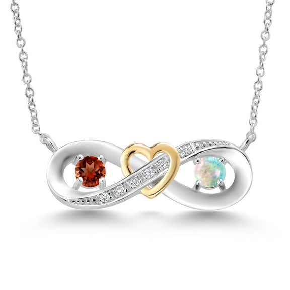 Gem Stone King 925 Silver and 10K Yellow Gold Red Garnet White Simulated Opal and Lab Grown Diamond Two-Tone Heart Interlocking Infinity Symbol Pendant Necklace for Women with 18 inch Chain