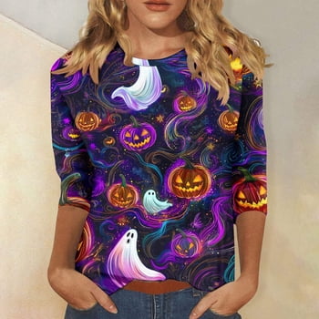 VKOYWKM Women Halloween 3/4 Sleeve Tops Funny Spooky Pumpkin Ghost Graphic Tee Casual Crew Neck Halloween Party Shirt