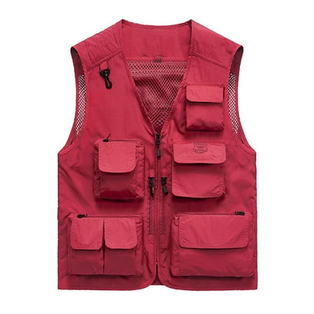 IYTR Men s Summer Lightweight Quick Dry Mesh Breathable Multi-Pockets Travel Vest Fishing Photography Waistcoat Red XXL