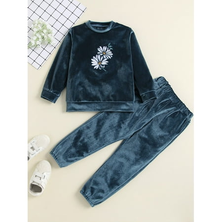 

Toddler Girls Floral Embroidery Velvet Pullover Sweatpants Navy Blue Casual A040W