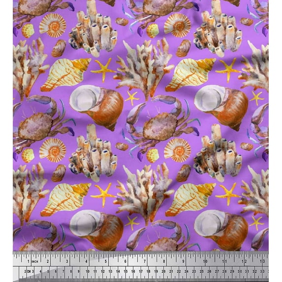 Soimoi Purple Satin Silk Fabric Crab,Shell & Coral Ocean Printed Craft Fabric by the Yard 42 Inch Wide