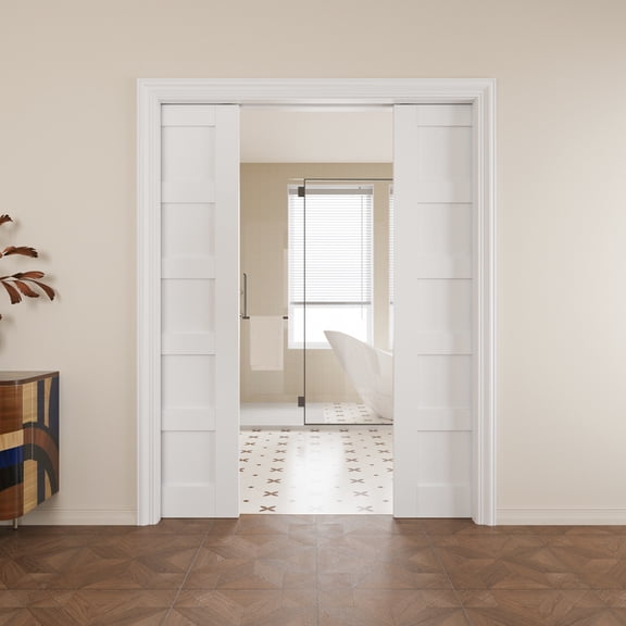 56" x 80" (Double 28") 5 Panel Pocket Doors with Soft Close, Solid Core Door Panels & Pocket Doors Hardware & Frames, Bathroom Door, Bedroom Door, Pre-finished & Paintable, White