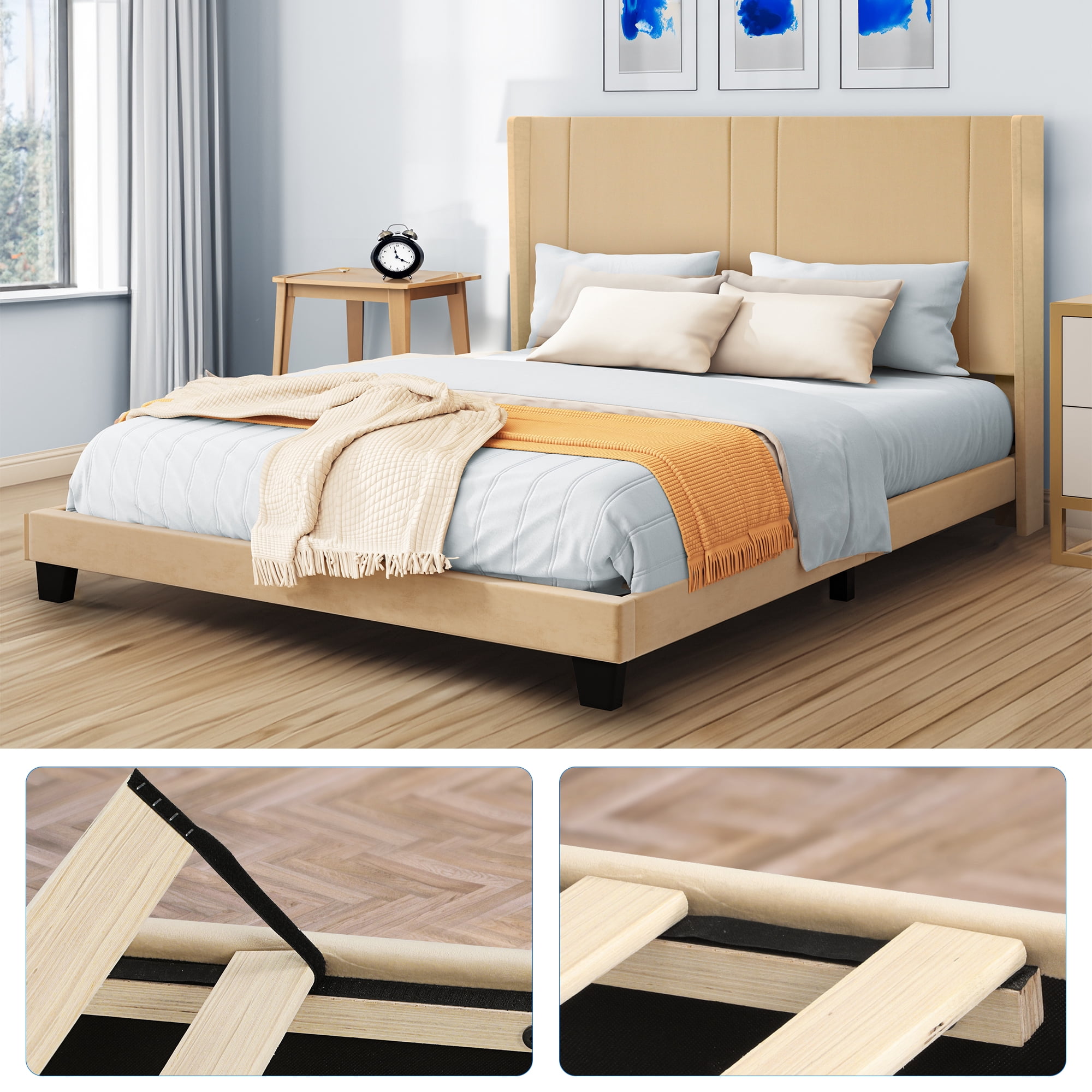 Uforic Queen Size Upholstered Bed Frame with Beige Velvet Headboard and Wingback, Strong Wood Slats Support Mattress Foundation, No Box Spring Needed, Perfect for Adult, Beige