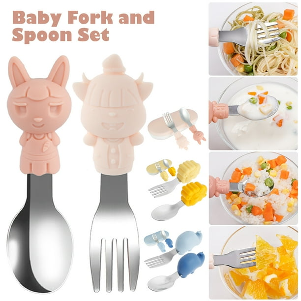 Juego De Cuchara Y Tenedor De Acero Inoxidable Para Bebés Juego De Cubiertos Con Forma De Animal Sin Bpa Aprende A Comer Por Tu Cuenta Juego De Utensilios Juego De Cubiertos Antiahogo Para El Entrenam Muyoka Hogar