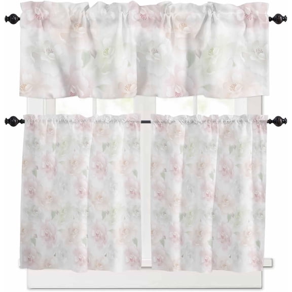 Floral Kitchen Curtains and Valances Set, Rod Pocket Curtains Tier Farmhouse Window Curtains 24 Inch Length, Spring Summer Rose Blossom Elegant Printed 3 Piece Kitchen Curtains Set