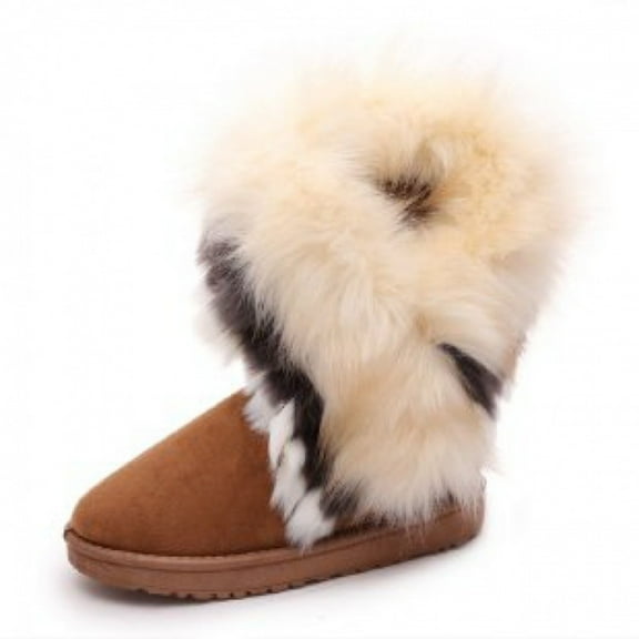 VoyageMartZenithTrend Women's Mid-Calf Fur Snow Boots, Winter Warm Plush Faux Fox Fur Lined Boots, Soft Cozy Slip-Resistant Cotton Shoes, Fashion Outdoor Cold Weather Booties for Women