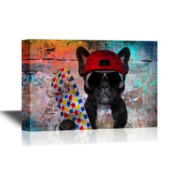 wall26 - Skateboard Canvas Wall Art - Dog with Skateboard on Abstract Background - Gallery Wrap Modern Home Art | Ready to Hang - 16x24 inches