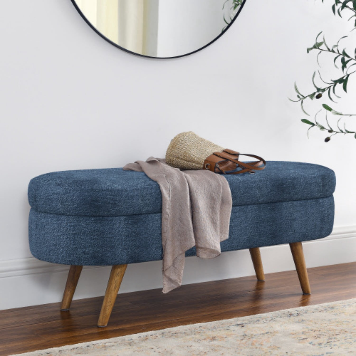 44" Oval Storage Ottoman Bench with Hidden Storage, Upholstered Fabric Ottoman Bench with Rubber Wood Legs for Bedroom, Entryway, Living Room, Dark Blue