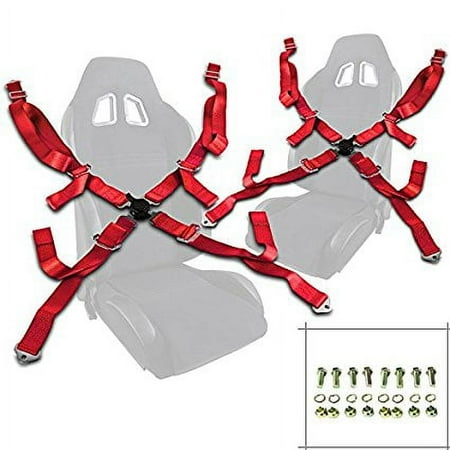 Pair of Red Seat Belt Harnesses, 2" Inches Wide, 4 Point Camlock Cam Lock
