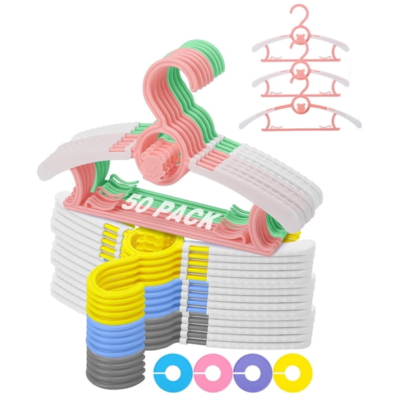 KABOER 50 Pack Non-Slip Extendable Baby Hangers, 11"-14" Ultra Thin Adjustable Stackable Nursery Closet Hanger, Children Coat Hanger with Colorful Dividers for Laundry Infant Pant