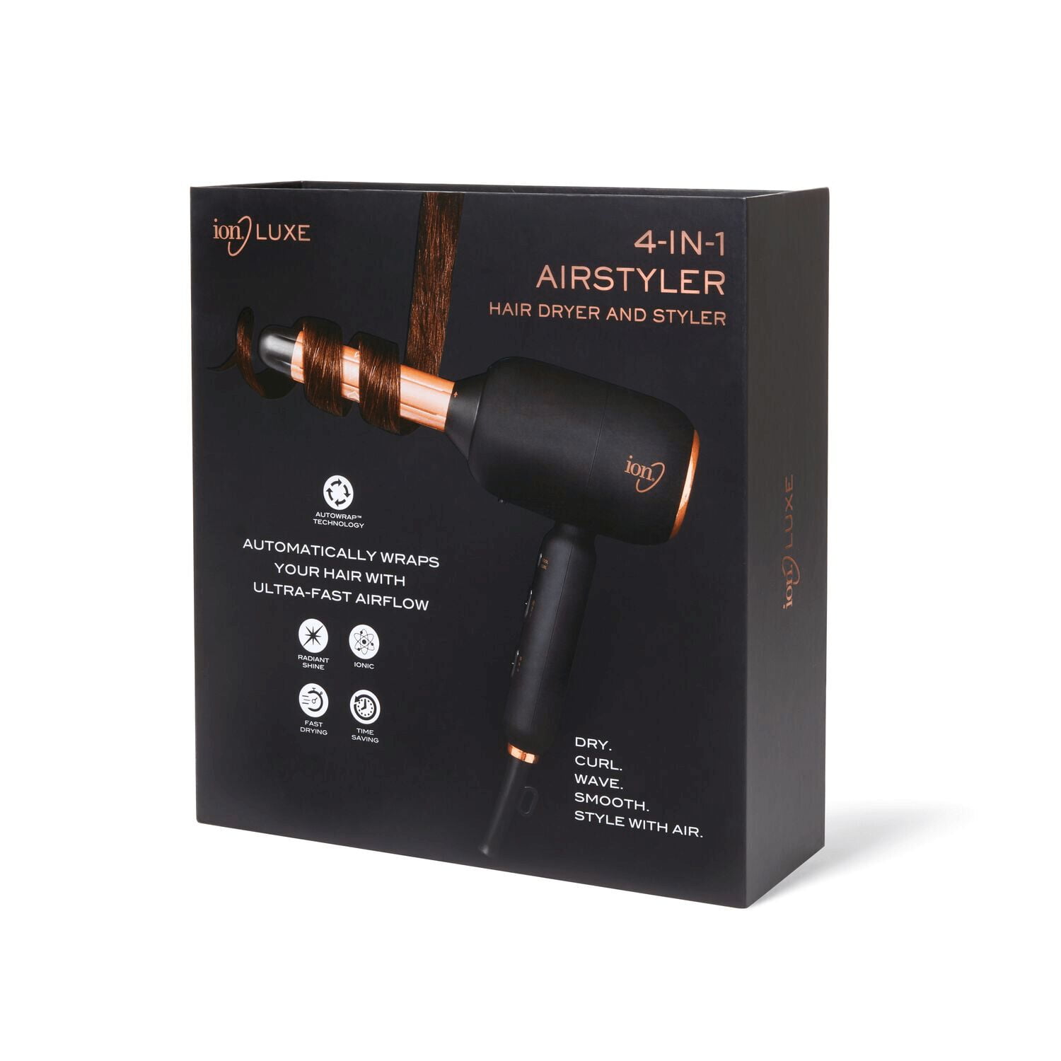 ION Luxe Adult 4-in-1 Autowrap Airstyler, Ionic Hair Dryer and Curler, 1875 Volts, Black