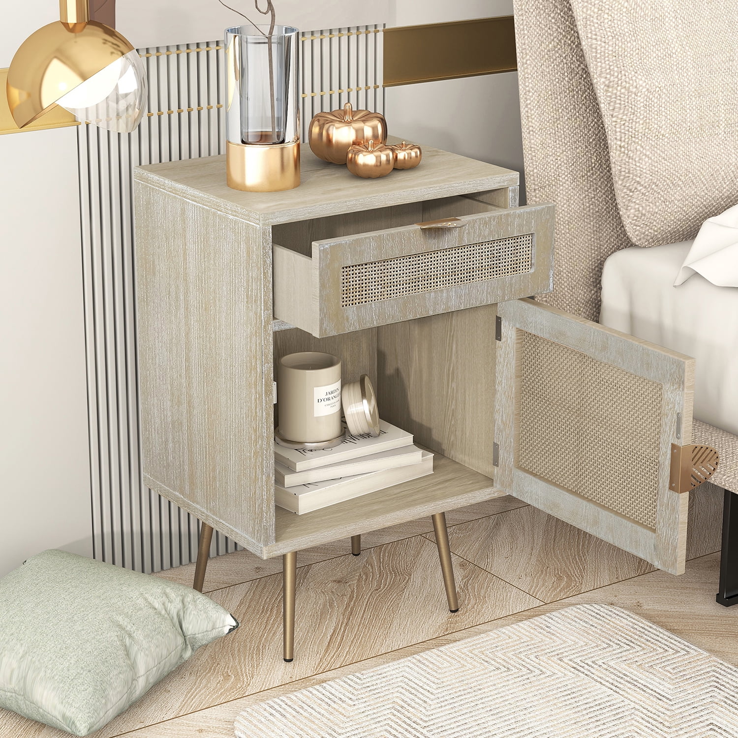 Kadyn Modern Wooden Nightstand with Rattan Panel, Storage Bedside Table with One Drawer and One Cabinet, End Table for Home and Office, Natural