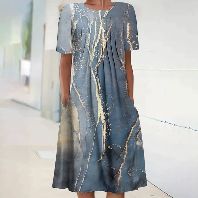 Viflosae jusqu'à 60 % de Rabais Cadeaux Robes pour Femmes Mode Plissées Évasées Tunique Robes Midi avec Poche Imprimé Marbré Tendance Col Ras du Cou Manches Courtes Longueur Genou Robe d'Été Idée-Cadeau de Vacances Bleu Marine P