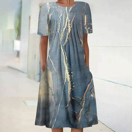 

jsaierl Women s Summer Bohemian Print Short Sleeve Beach Dress Knee Length Dress for Women 2022