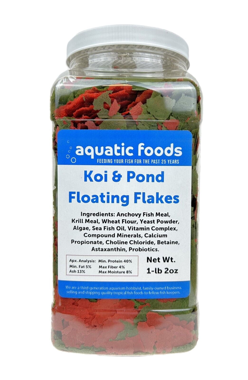Aquatic Foods Inc. Koi & Pond Fish Flakes. Arctic Krill Flakes which contain Natural Carotenoids & Astaxanthin that will enhance the vibrant colors of Fish...WL 1-lb 2oz Lg Jar