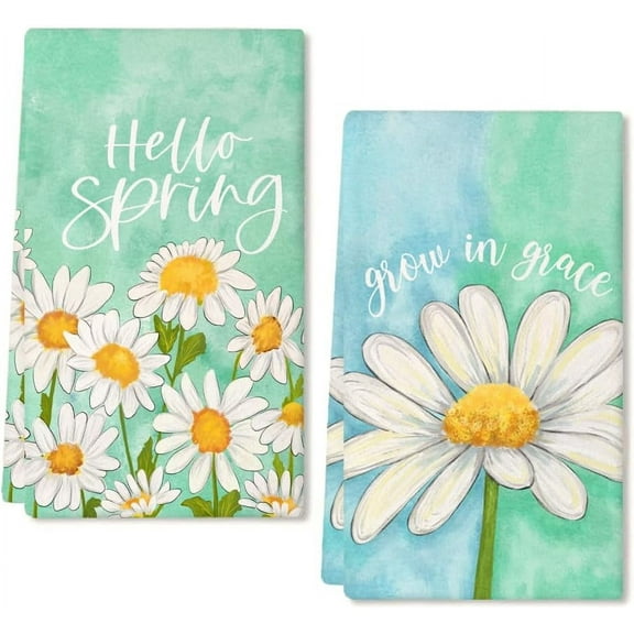 White Flower Spring Kitchen Towels Dish Towels Set of 2,Hello Spring Sign Hand Towels 18x26 Inch Drying Dishcloth,Farmhouse Home Seasonal Spring Decorations AD282