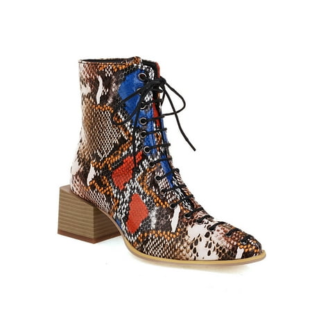 

EQWLJWE 2022 Booties for Snake Print Color-blocking Cross-lace Thick-heel Square-toe Women s Short Boots Deals Discount Clearance