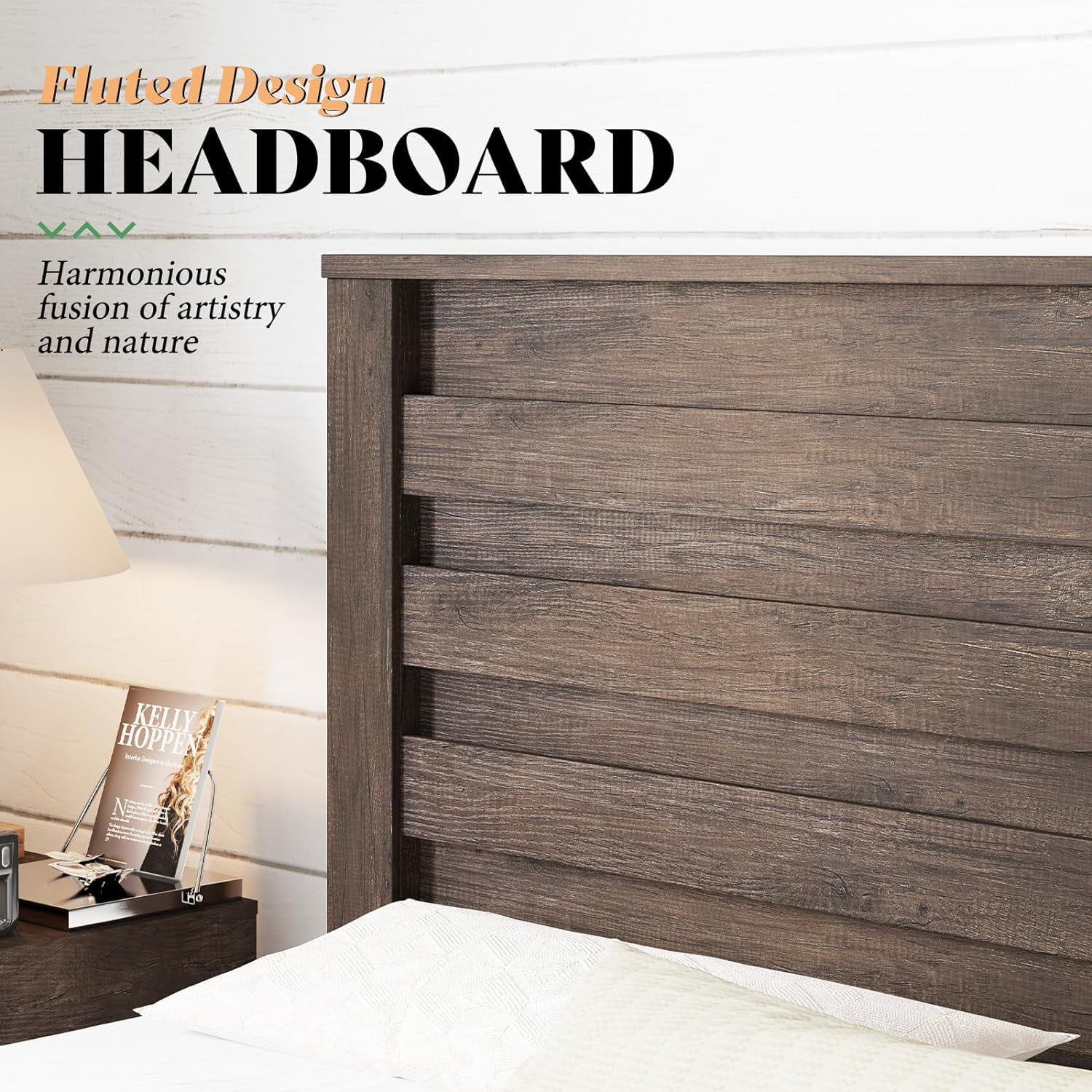 LUXOAK King Size Bed Frame with Natural Wood Platform, 49" Fluted Headboard, Grey