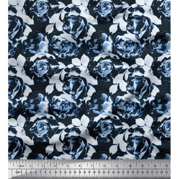 Soimoi Moss Georgette Fabric Leaves & Rose Flower Decor Fabric Printed Yard 42 Inch Wide