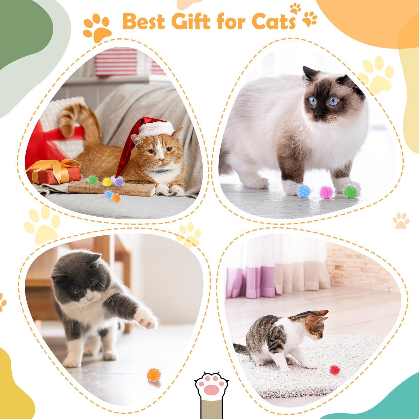 60 Pcs Cat Pom Pom Balls, Interactive Cat Toys, Sparkle Balls for Cats, Extra Large and Fuzzy for Exercise and Entertainment, Multicolor, 1.5 Inch
