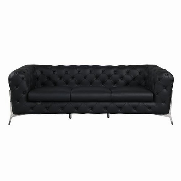 93 in. Genuine Tufted Leather & Chrome Standard Sofa, Black