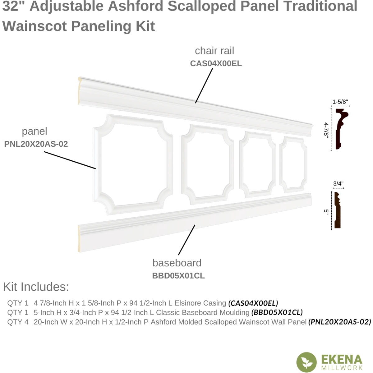 Ekena millwork 94 1/2"L (Adjustable 32"H to 36"H) Ashford Scalloped Panel Traditional Wainscot Paneling Kit
