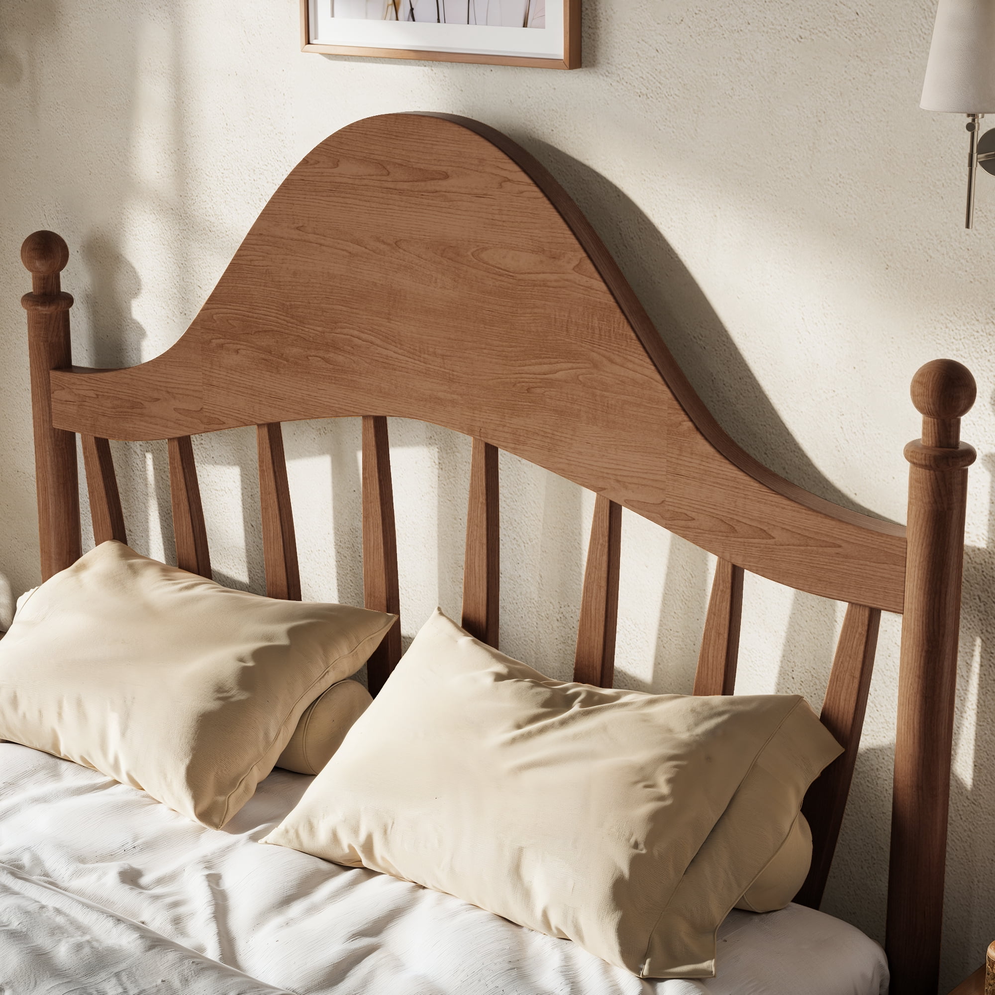 Leumius Full Size Platform Bed with Chic Headboard, Solid Wood Bed Frame with Slatted Support, Low to Ground Design for Bedroom Brown