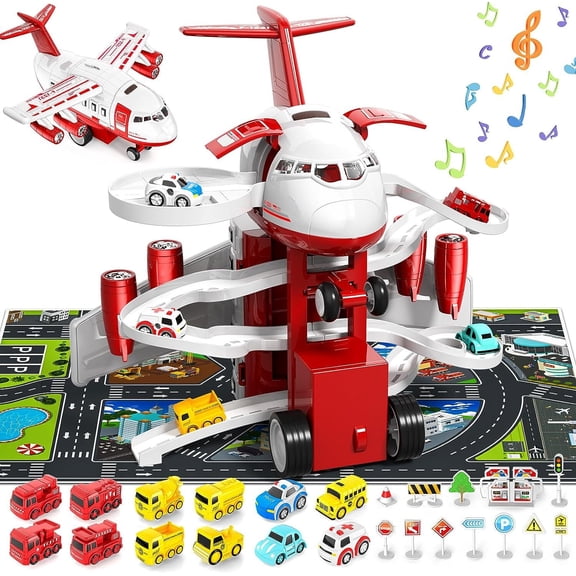 Airplane Toy,Transport Cargo Airplane Toys Music and Airplane Car Toy Play Set, with Vehicle Car Toy 1 Map 1 Barricade for 3 Red