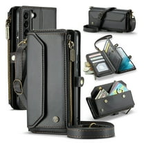 for Samsung Galaxy S22 Full Body Protection Wallet Folio Flip Case, Shoulder Strap & Wristlet Card Slots Zipper Pocket RFID Blocking Rugged Durable PU Leather Phone Case Cover, Black