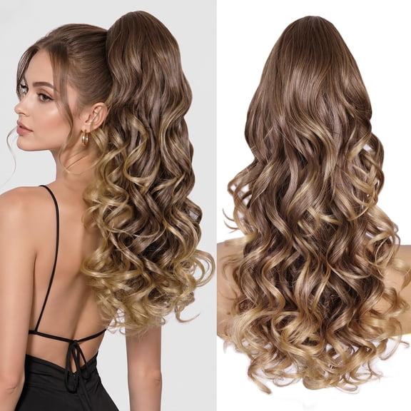 24 Inch Ponytail Extension, Layered Ponytail Extensions for Women, Soft Wavy Claw Clip in Ponytail Extension, Natural Synthetic Hair Pieces for Women (Color: Light Brown With Golden Ends)